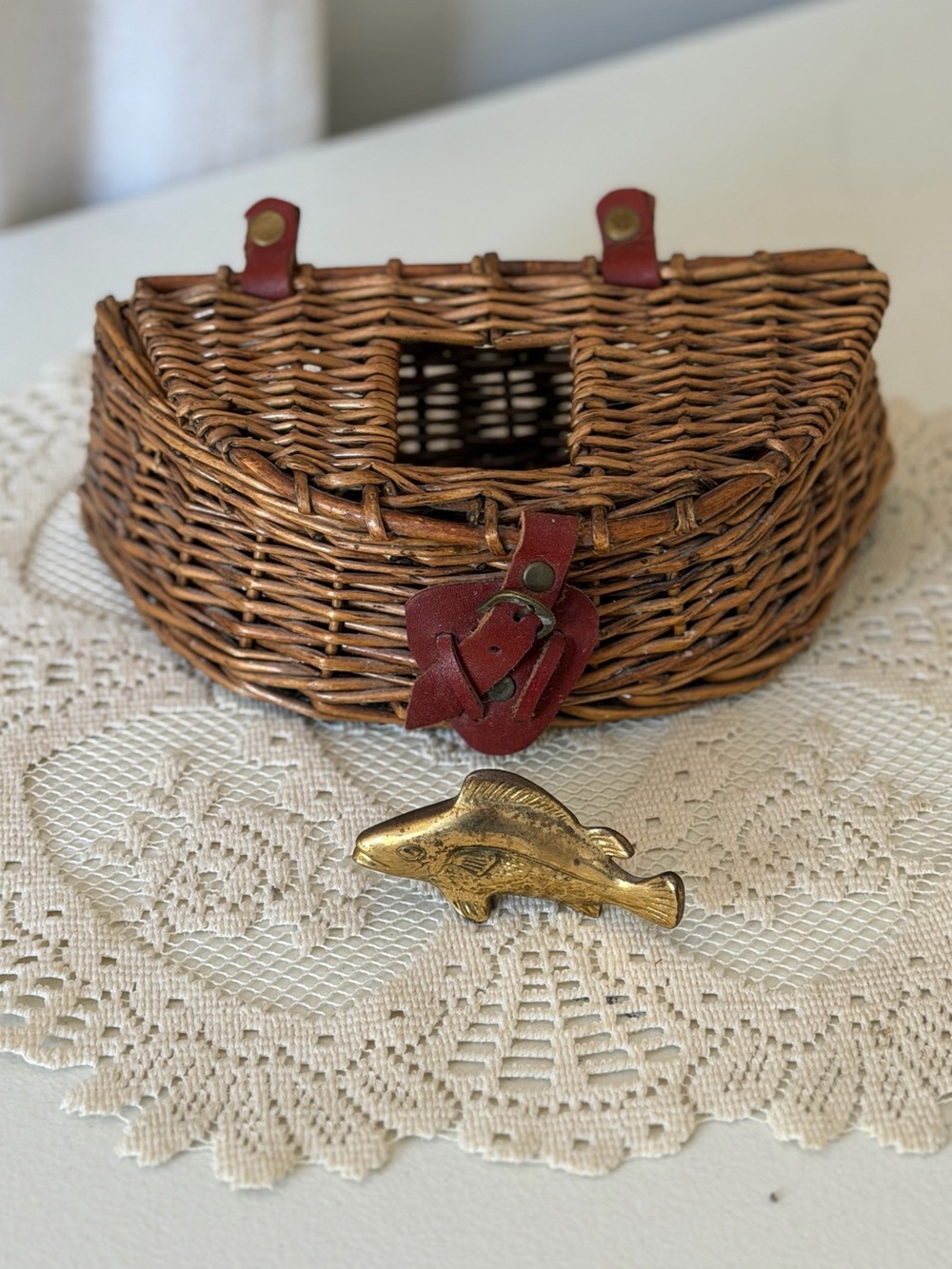Vintage Wicker Creel Fly Fishing Basket & Solid Brass Fish Figurine Decor Set